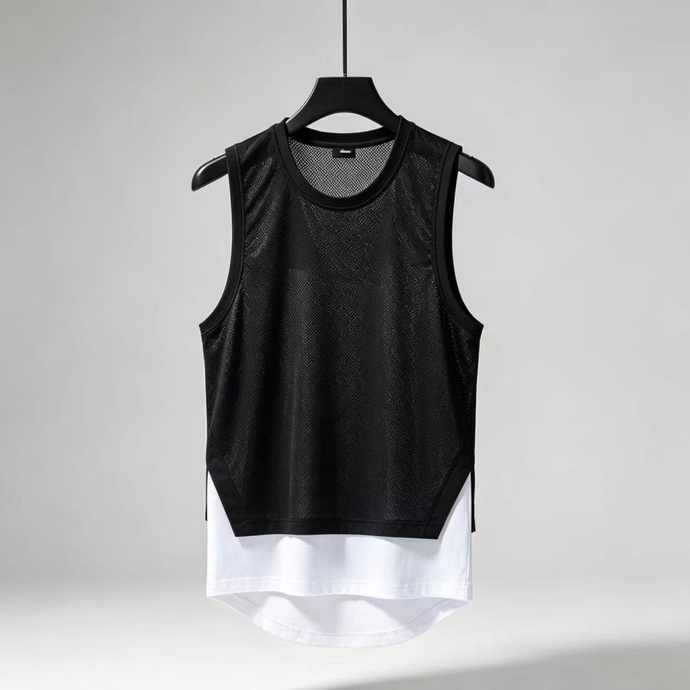 Men's Black Mesh Layered Tank Top with White Undershirt